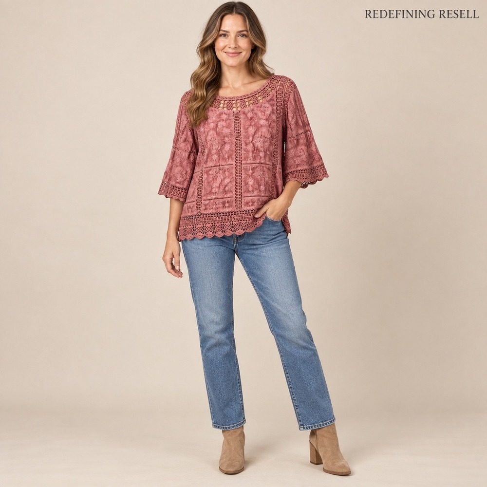 Democracy Womens XL Dusty Rose Crochet Lace Embroidered 3/4 Sleeve Top B9935G4FR